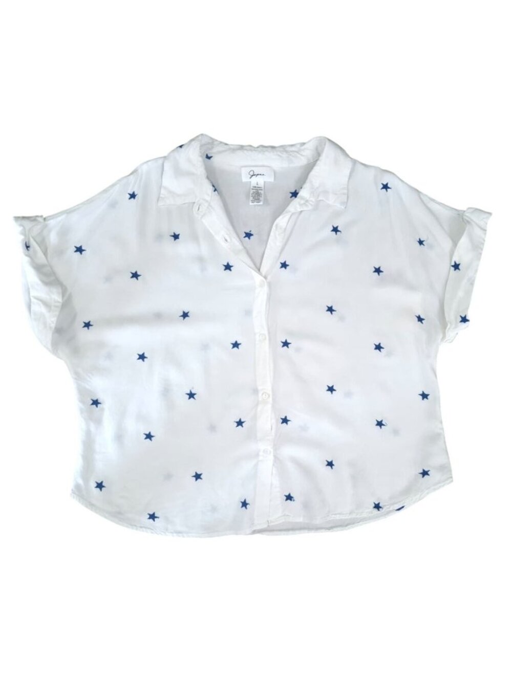 Jopaa Star Print Button Up Blouse Short Sleeve Rayon Top Size L